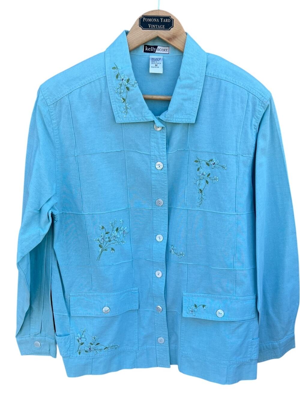 Kelly Scott Women's Vintage Shacket Flower Embroidered Teal Blue Size Medium NEW